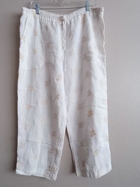 Puro Lino 100% Linen White Embroidered Lounge Pants Size L